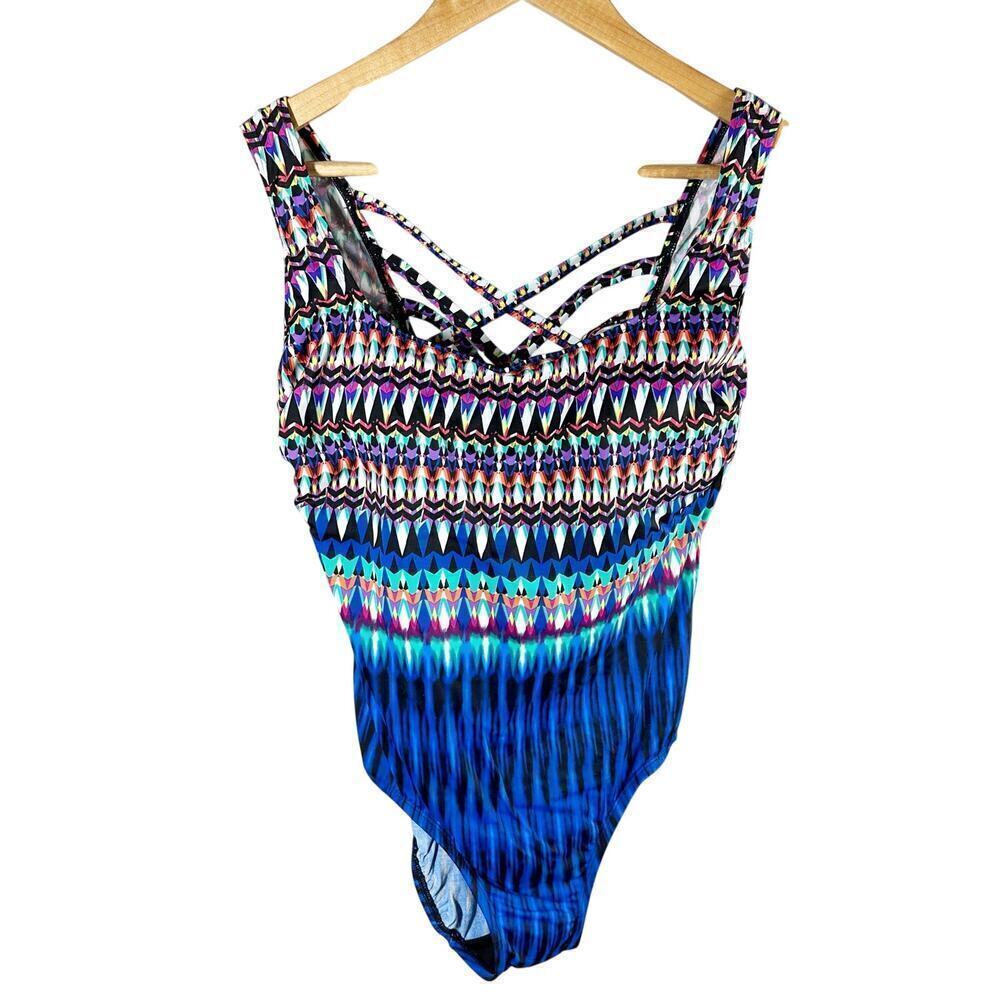 Swim Solutions Printed Criss Cross Back One Piece Swimsuit Size 10